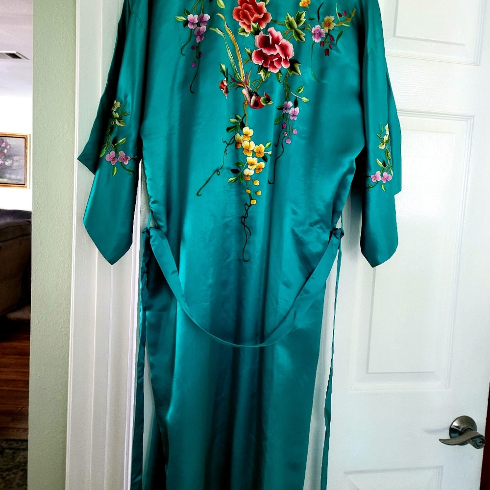 Burning man Embroidered Teal Satin Robe with Floral Motif